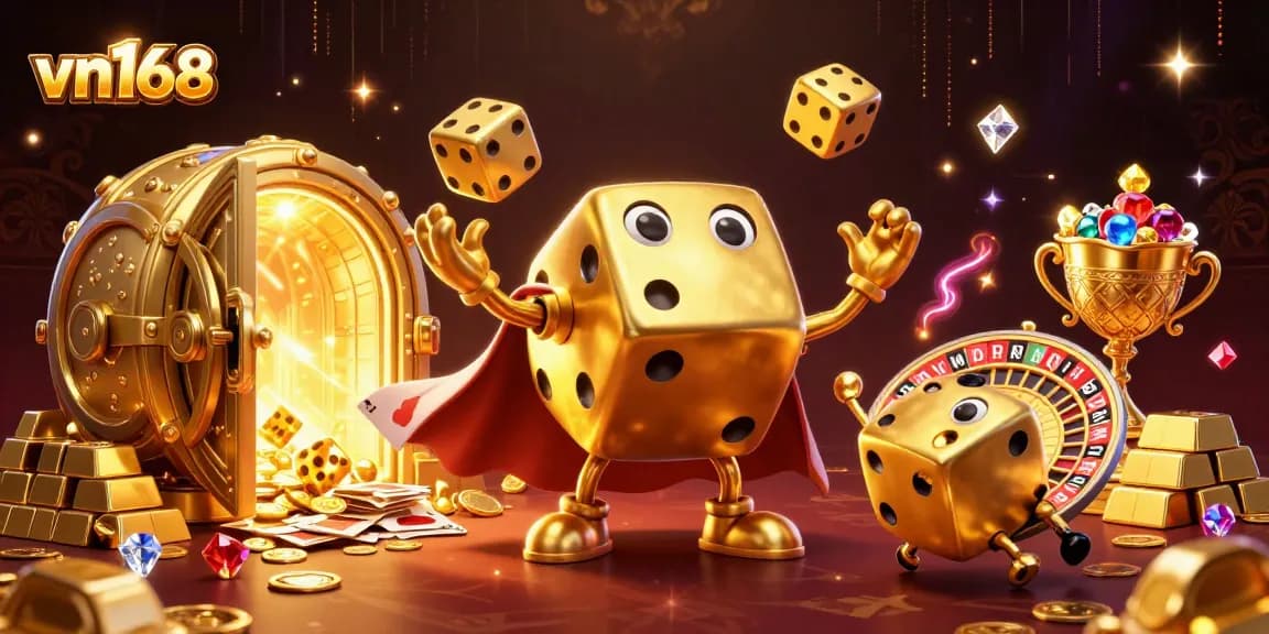 Experience vibrant casino excitement with vn168's lively golden dice golem and festive treasures.