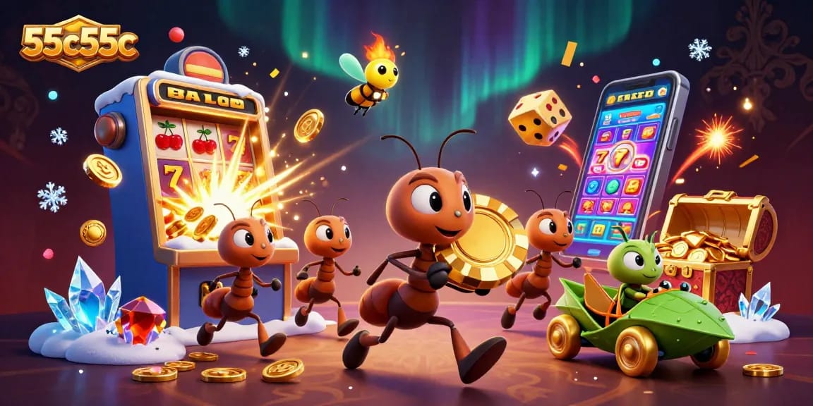 Cute ants carry a giant poker chip in 55c55c heist scene loaded with casino excitement.