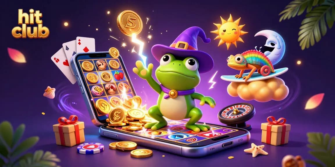 Engage with hit club gaming adventures as a wizard frog conjures coins amidst vibrant casino elements.