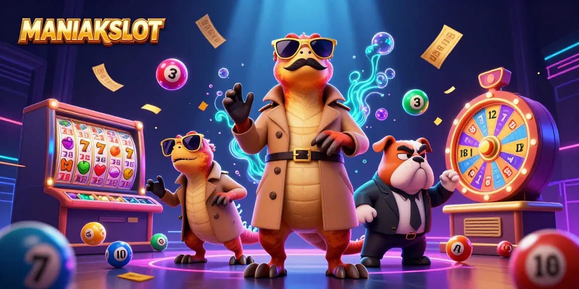 Experience the thrill of MANIAKSLOT with vibrant raptors and exciting slot games in a lively casino scene.