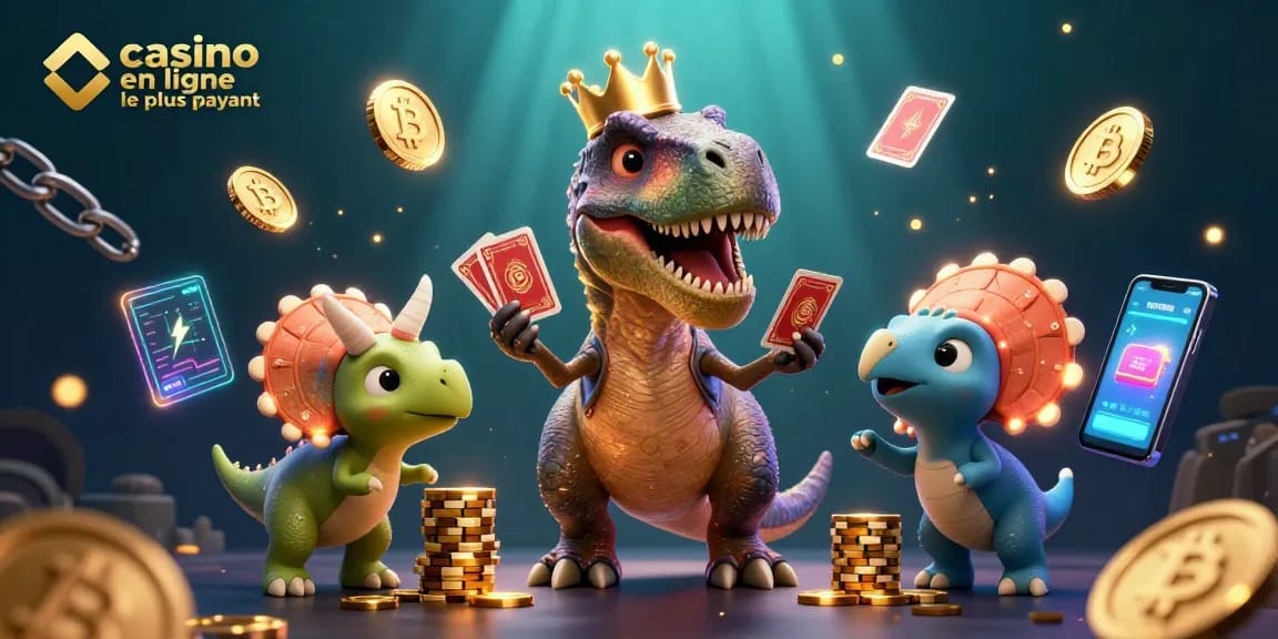 Gagnez au casino en ligne le plus payant avec un T-Rex tentant de jouer aux cartes.