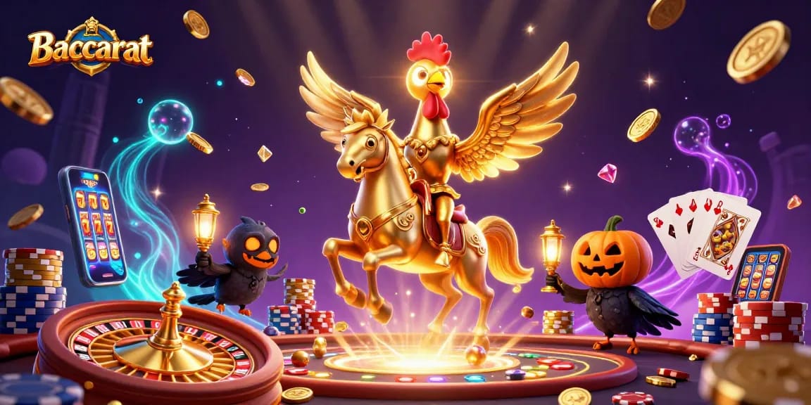 Baccarat-themed scene showcasing a golden rooster and spectral horse, embodying high-stakes casino ambiance.