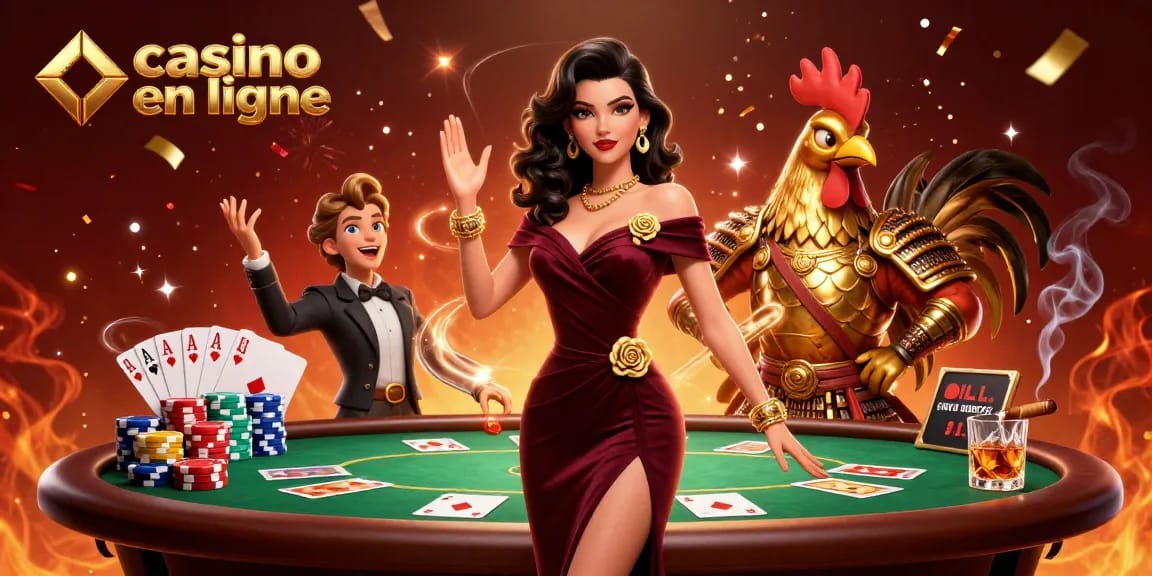 Découvrez l'excitation du casino en ligne avec cette illustration 3D vibrante mettant en scène une dame glamour et un coq samouraï.