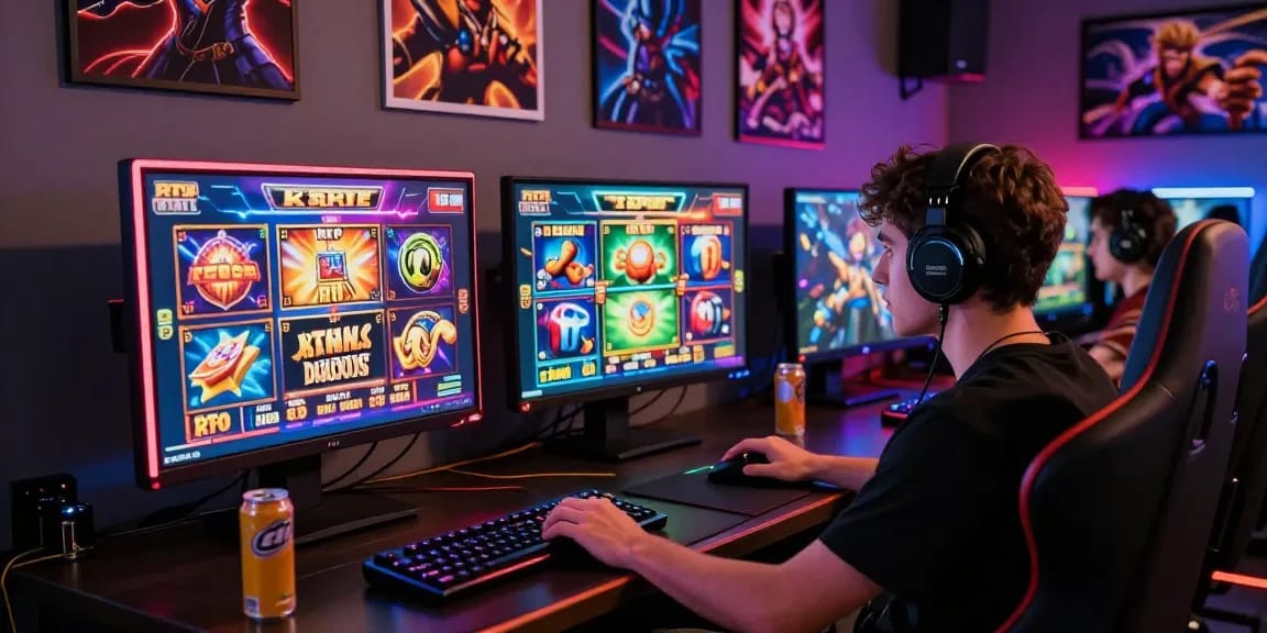 Engaged player using playbook88 link for high RTP slot games in a vibrant gaming setup.