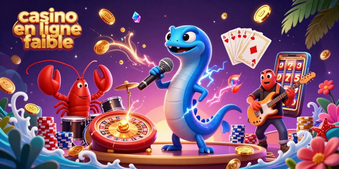 Illustration d'un casino en ligne fiable avec un DJ anguille, un groupe marin et des éléments de jeu dynamiques.