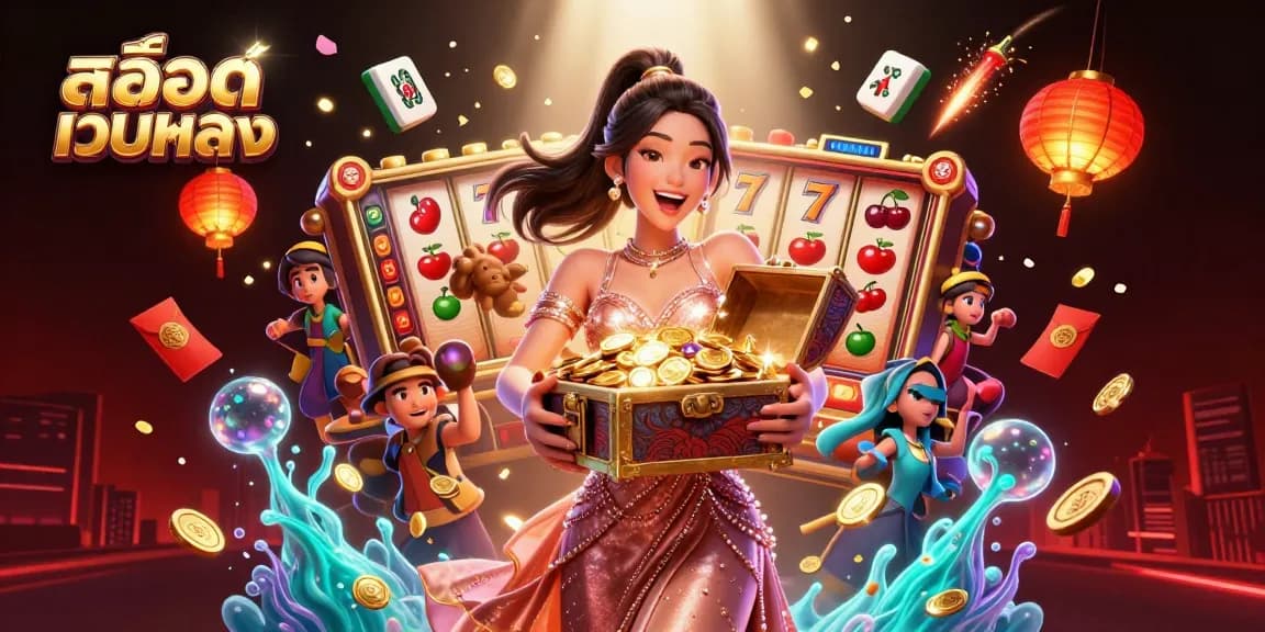 Experience สล็อตเว็บตรง jackpots with vibrant slots, golden treasures, and festive elements.