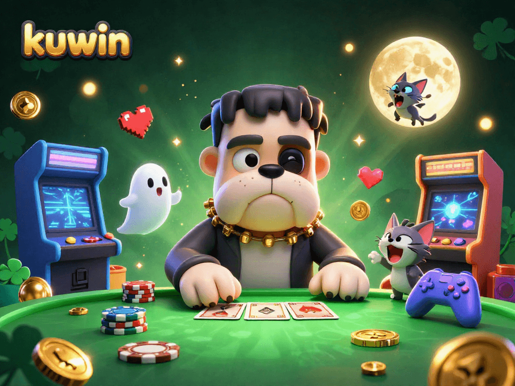 Kuwin gamers winning at a spooky casino table filled with chips, cards, and ghostly characters