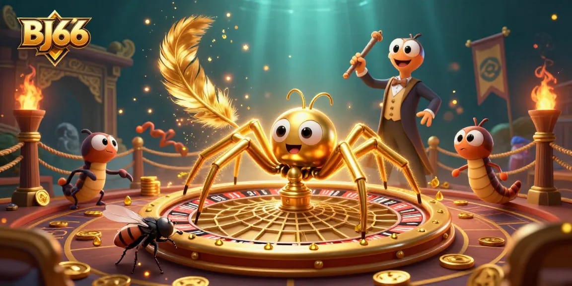 BJ66 showcases an exciting scene with a golden spider, fly betting, and a centipede croupier in a lively cockfighting arena.
