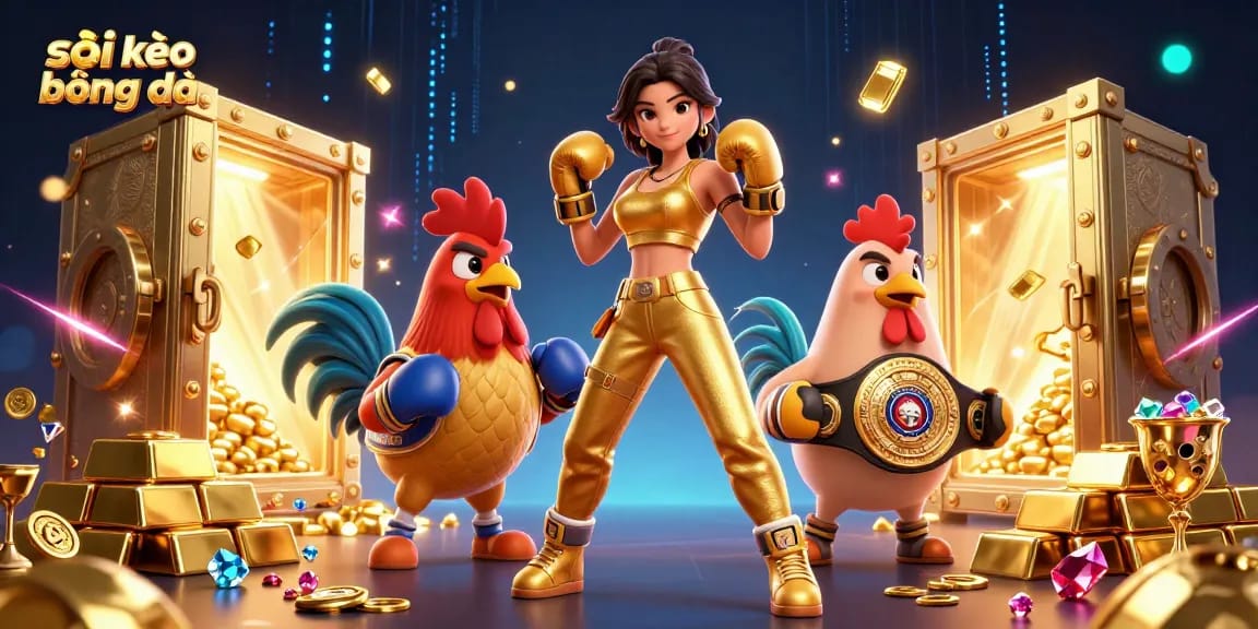 Soi kèo bóng đá illustrated with dynamic sports betting action, vibrant 3D characters, and rich casino elements