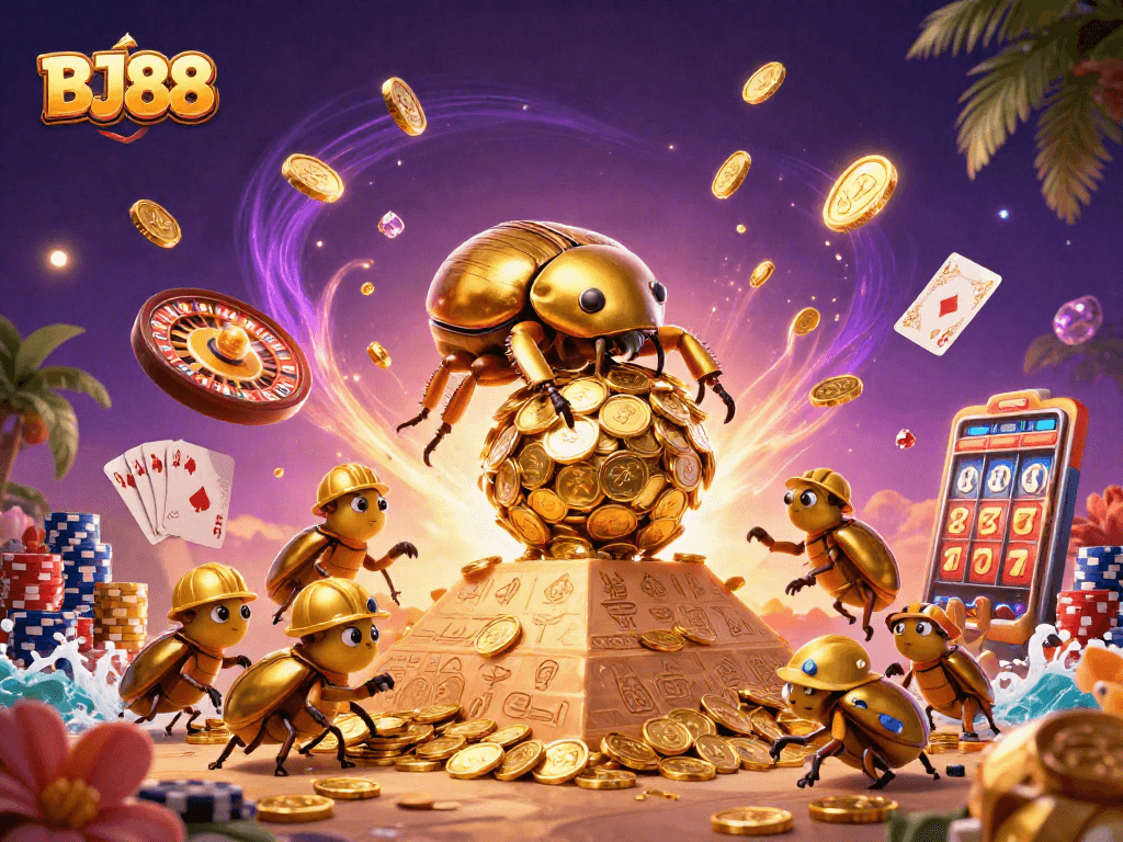 BJ88 promotes excitement with a golden dung beetle scene showcasing casino elements.