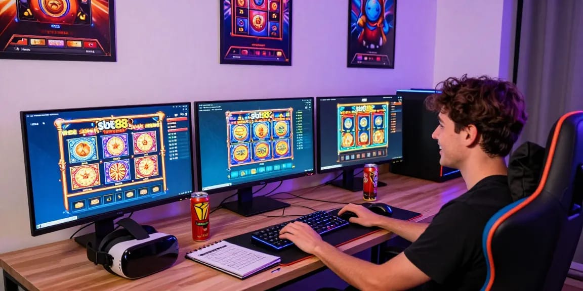 Engaging scene of a joyful player enjoying slot88 resmi online gaming experience with colorful setup.