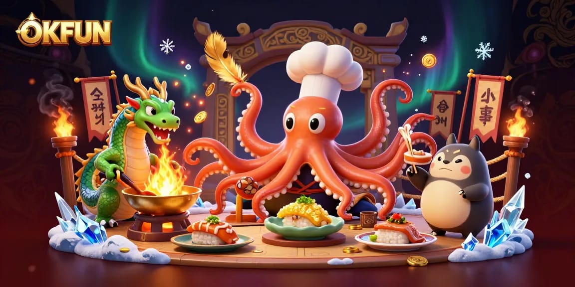 Experience thrilling gaming at OKFUN with a cartoon chef, dragon, and tanuki in an immersive casino setting.