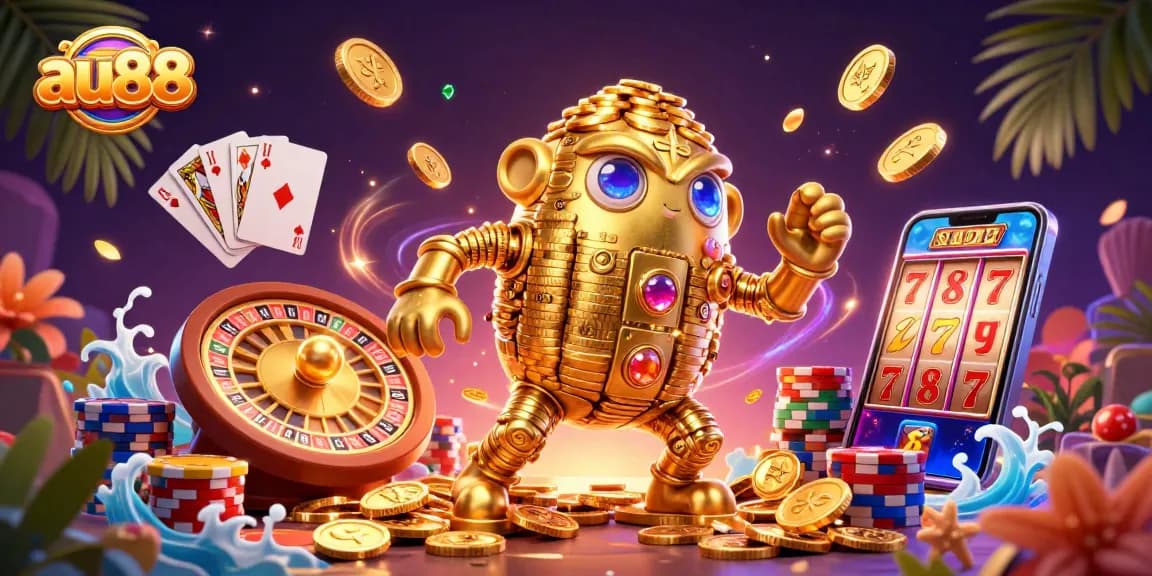 Experience the excitement of au88 with vibrant casino elements and a golden golem amidst cascading coins.