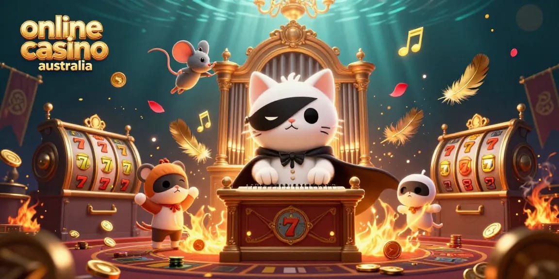 Engage with the vibrant atmosphere of an online casino Australia scene featuring a masked Phantom cat and acrobat.