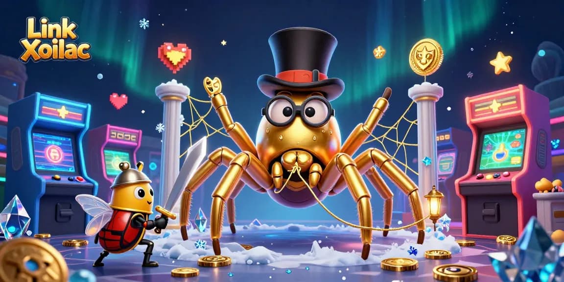 Watch Link Xoilac unfold with a golden tarantula and brave beetle knight amid vibrant casino elements.