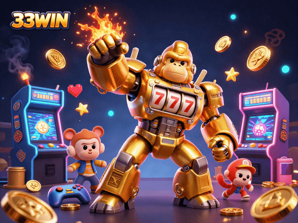 Engage with the thrilling 33WIN experience featuring a golden gorilla mech amid dynamic casino elements.