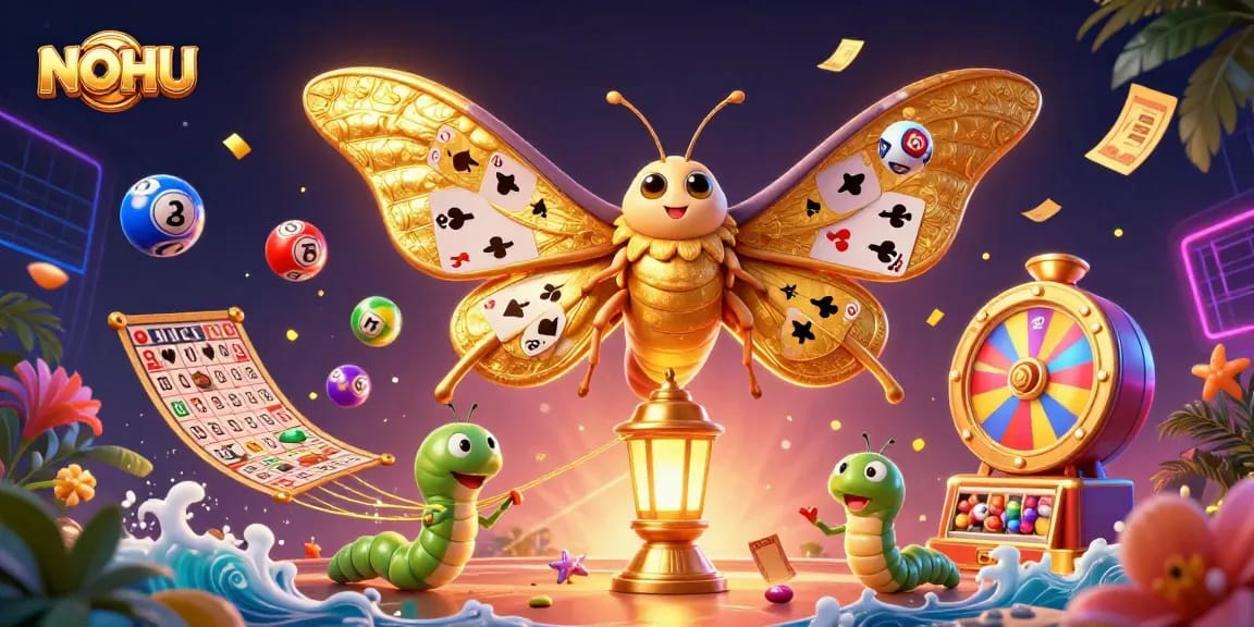 Immerse in a vibrant casino scene with NOHU as a cartoon moth amid colorful gaming elements.