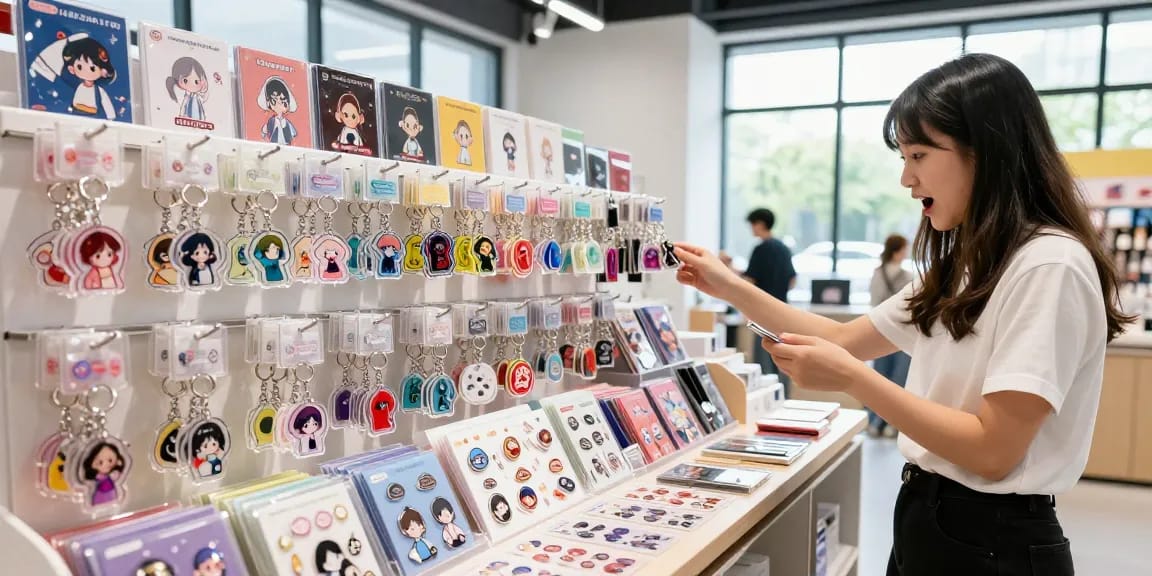 Custom acrylic keychain display in vibrant e-commerce shopping environment.