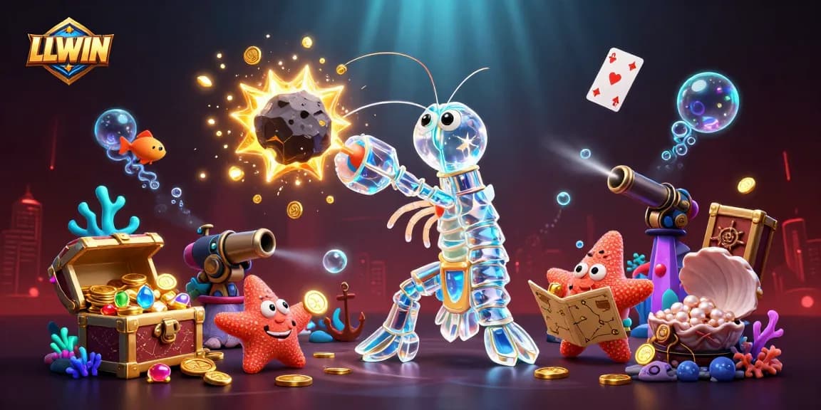 LLWIN casino adventure with a galactic samurai mantis shrimp and starfish navigating treasure and coins.