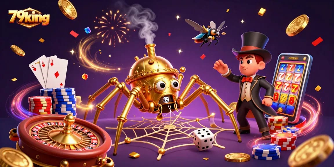 Experience the thrill of 79king with an exhilarating casino scene featuring a steampunk spider and dynamic gambling elements.