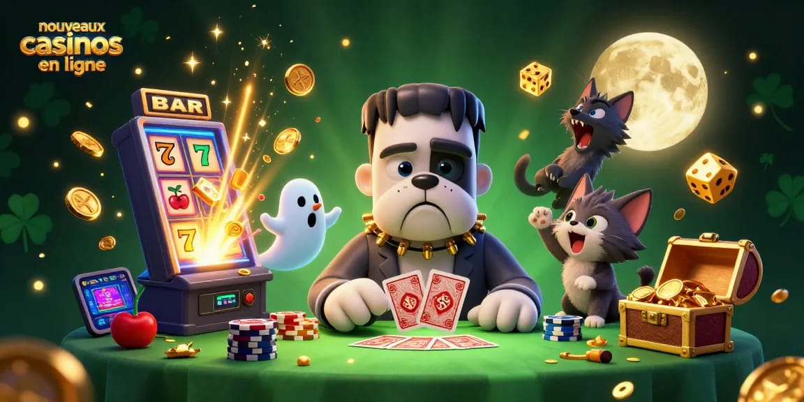 Illustration captivante des nouveaux casinos en ligne avec des personnages de casino fantaisistes et une machine à sous explosive.