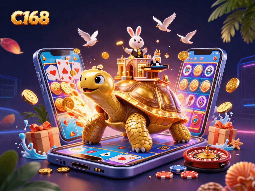 C168 showcases vibrant casino scene with a golden tortoise, a rabbit dealer, and dynamic gaming elements.