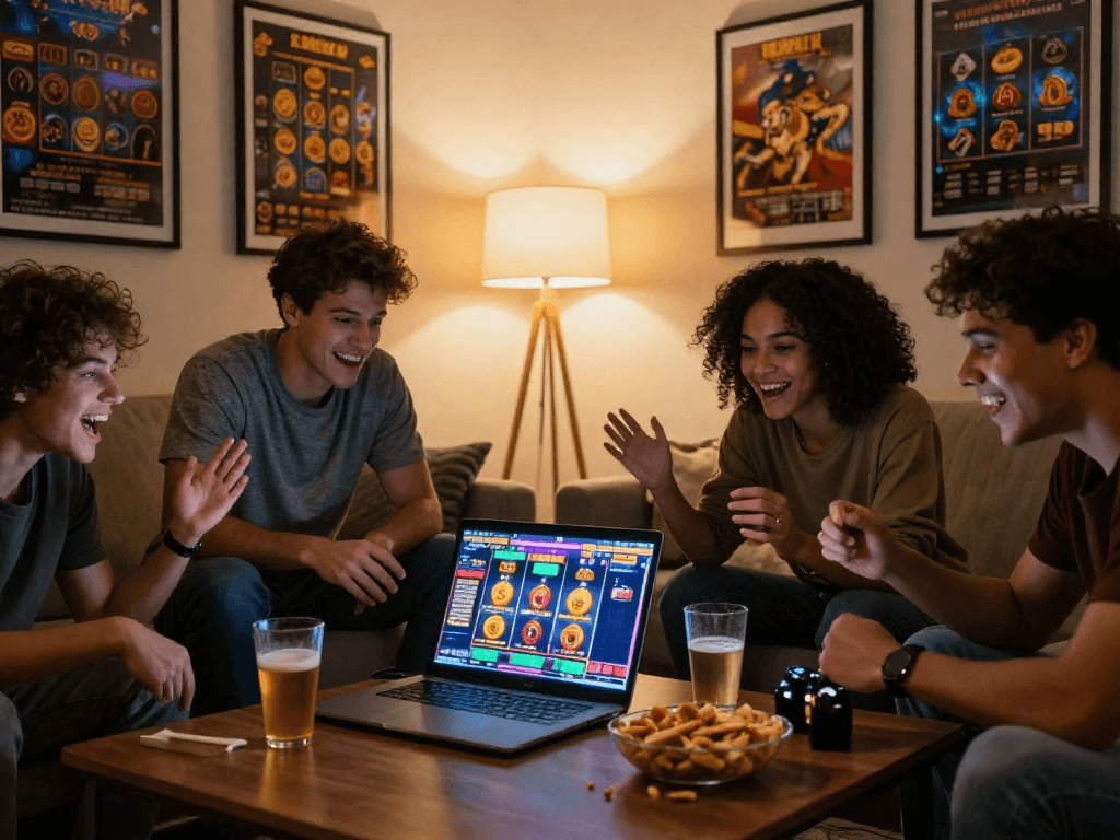 Diverse friends enjoying online slot games at home, showcasing situs slot terpercaya experience.