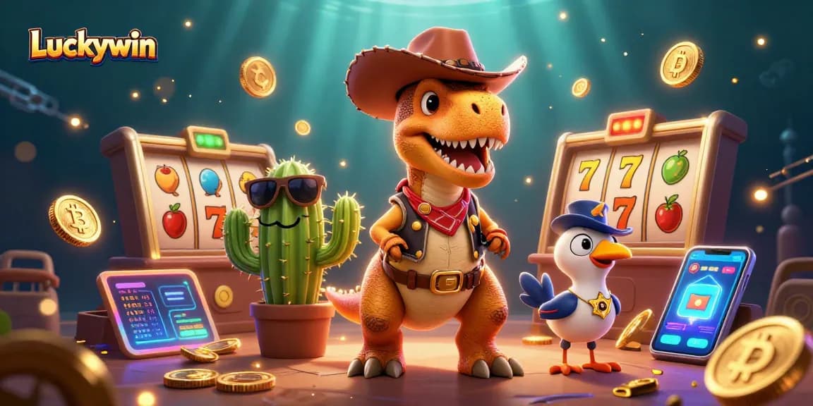 Engage with Luckywin as cartoon characters embody gambling excitement in a vibrant casino scene.