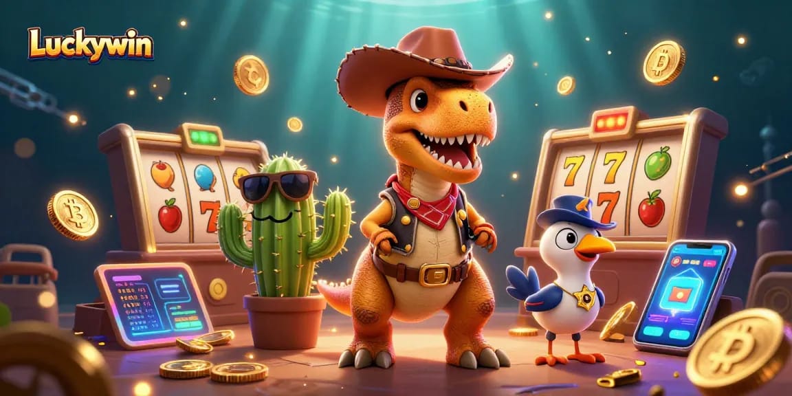 Engage with Luckywin as cartoon characters embody gambling excitement in a vibrant casino scene.