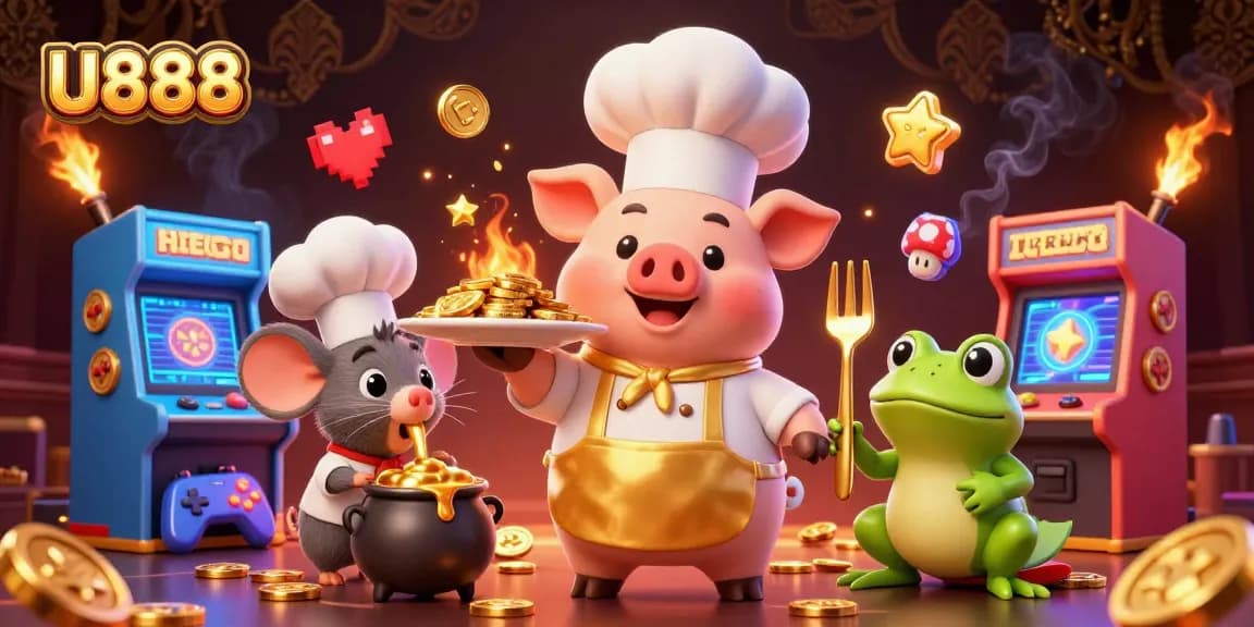 Experience the thrill of U888 with a vibrant 3D casino scene featuring unique characters and golden prizes.