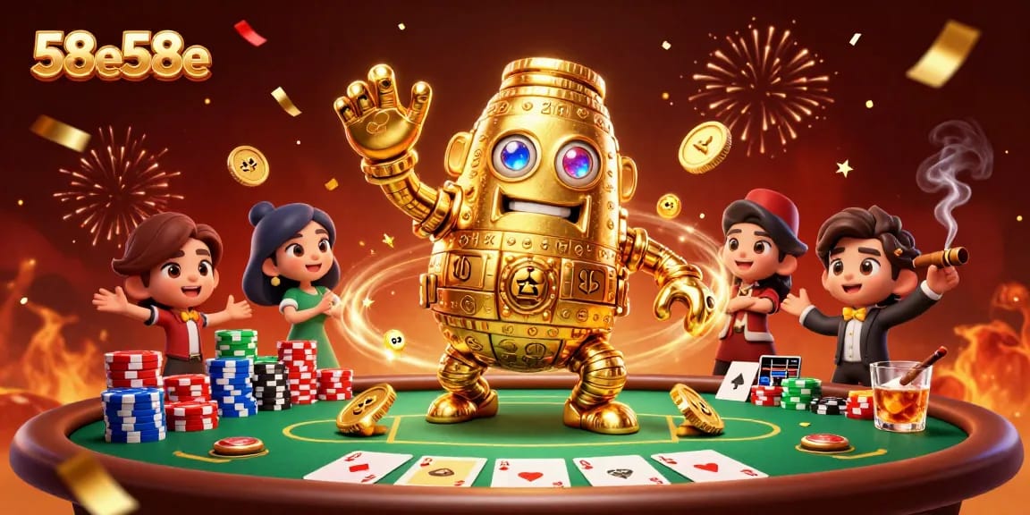 Experience the thrill of 58e58e with a vivid 3D casino scene filled with vibrant poker elements.