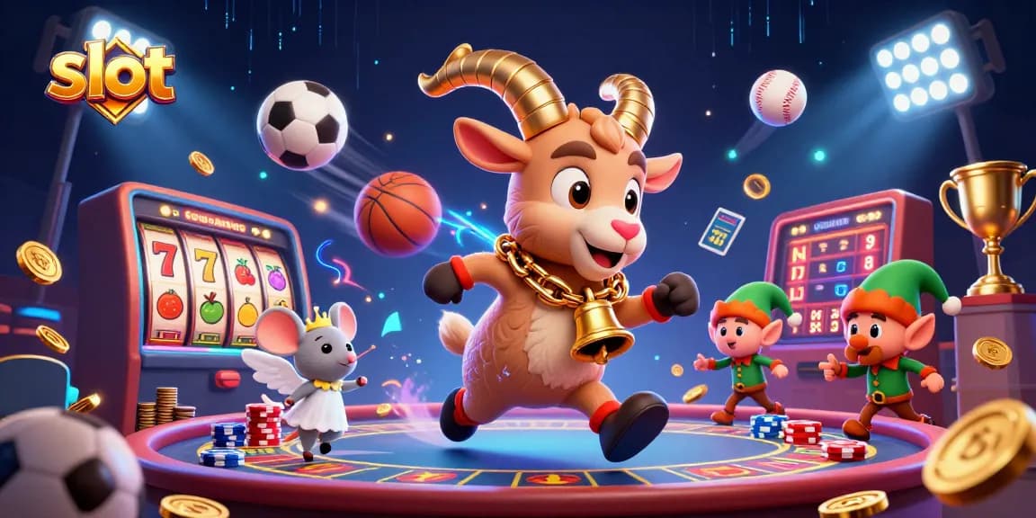 Engaging slot gaming scene with characters amidst dynamic casino elements and sports icons.