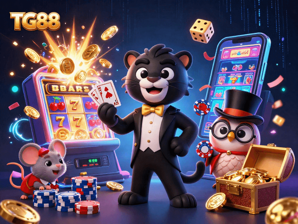 Engage with TG88's thrilling casino world featuring a stylish panther and charming characters.