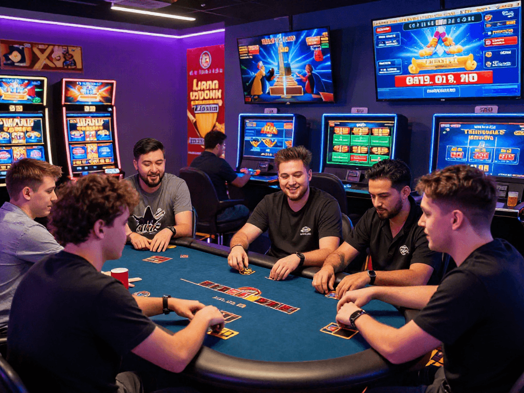 Exciting kebuntoto online gaming scene with players enjoying diverse casino games and bright neon lights.