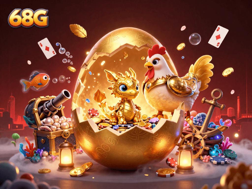 O 68G apresenta um dragão dourado em um ninho de fichas de poker no coração de um elaborado cenário de cassino.