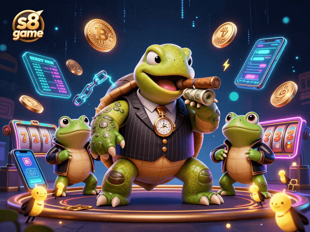 Engage with the thrilling s8 game as a snapping turtle and bullfrogs navigate a vibrant casino scene.