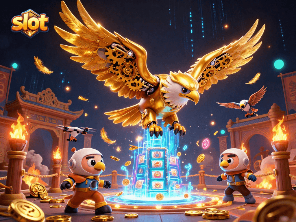 Experience thrilling slot action with a cybernetic eagle amidst vibrant gaming elements.