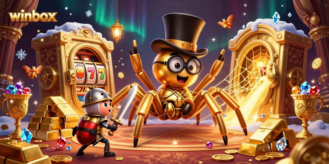 Winbox shines with golden treasures and brave characters in a vibrant casino scene.