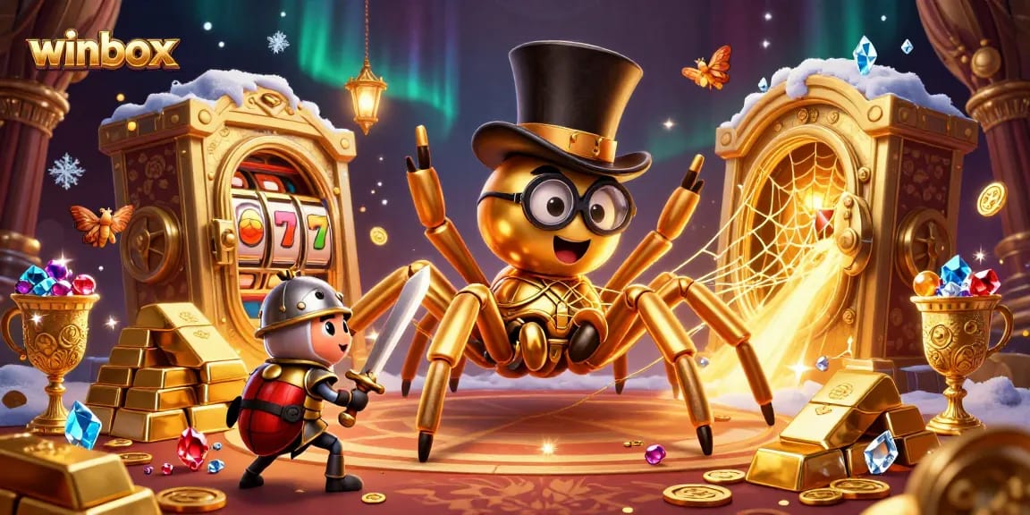 Winbox shines with golden treasures and brave characters in a vibrant casino scene.