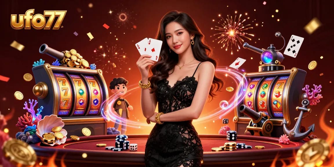 Experience ufo77 magic as an elegant Asian woman reveals ace playing cards amidst vibrant casino elements.