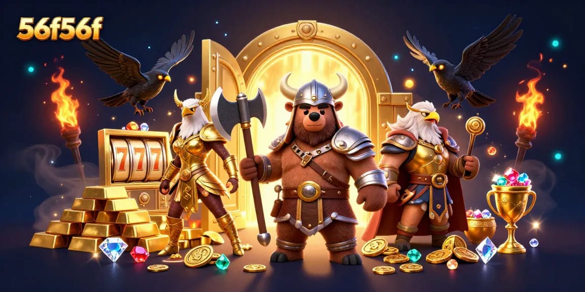 Experience the thrill of 56f56f with animated Viking and Valkyrie characters surrounded by casino treasures.
