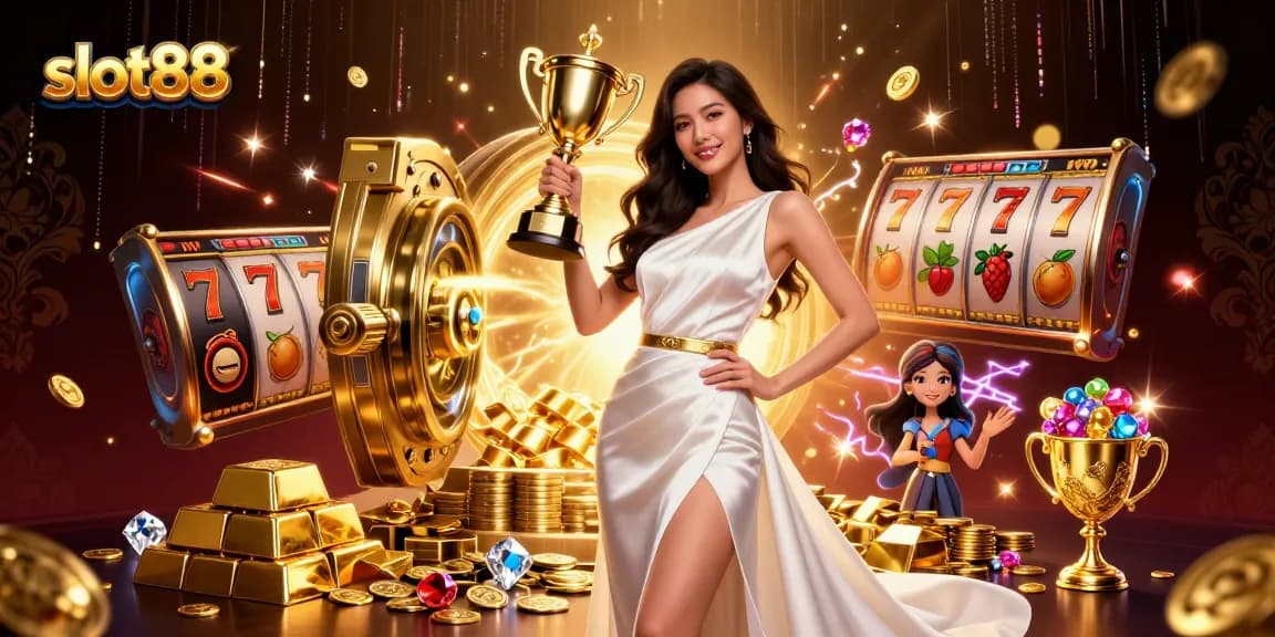 Hit the jackpot with slot88 in this vibrant 3D casino scene showcasing a victorious player.