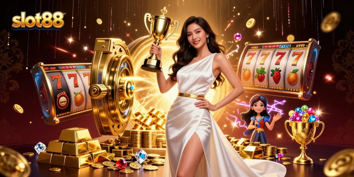 Hit the jackpot with slot88 in this vibrant 3D casino scene showcasing a victorious player.