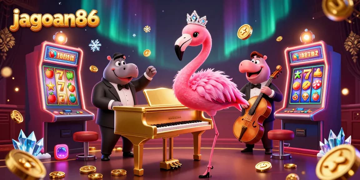 Join the excitement at jagoan86 with a vibrant scene featuring a flamingo singer and hippo bassist!