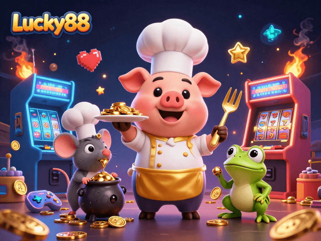 Experience the vibrant Lucky88 casino atmosphere with a cooking pig and golden treasures.