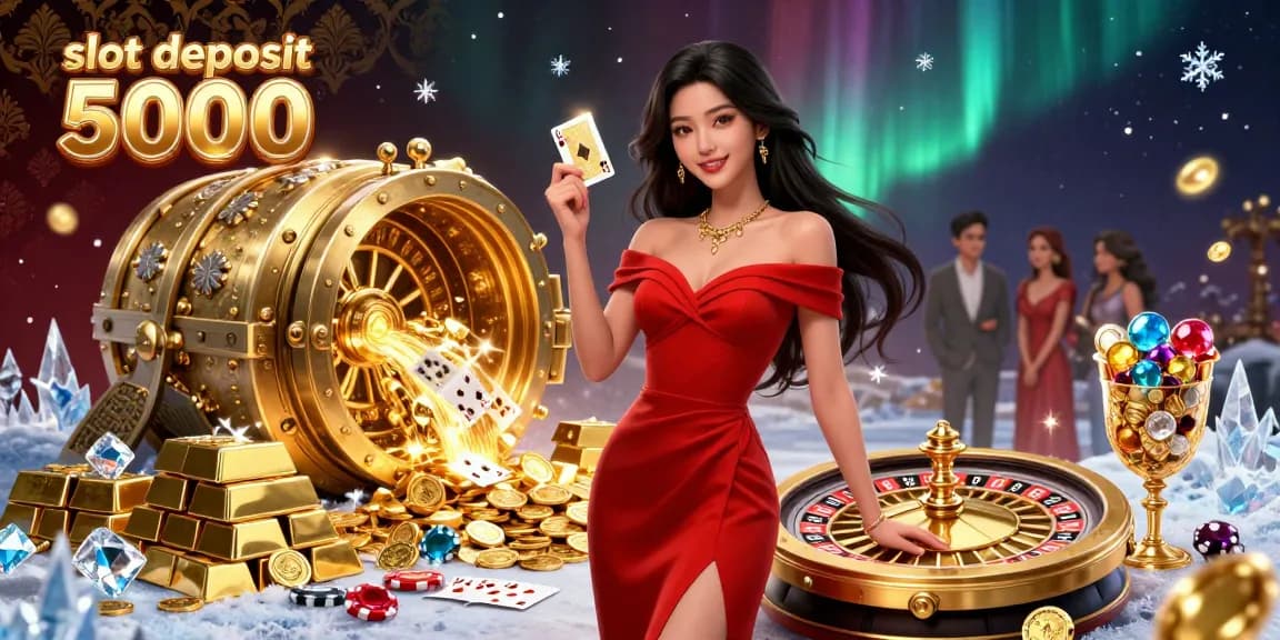 Experience the thrill of slot deposit 5000 with a stunning 3D casino scene featuring jewels, cards, and dynamic energy.