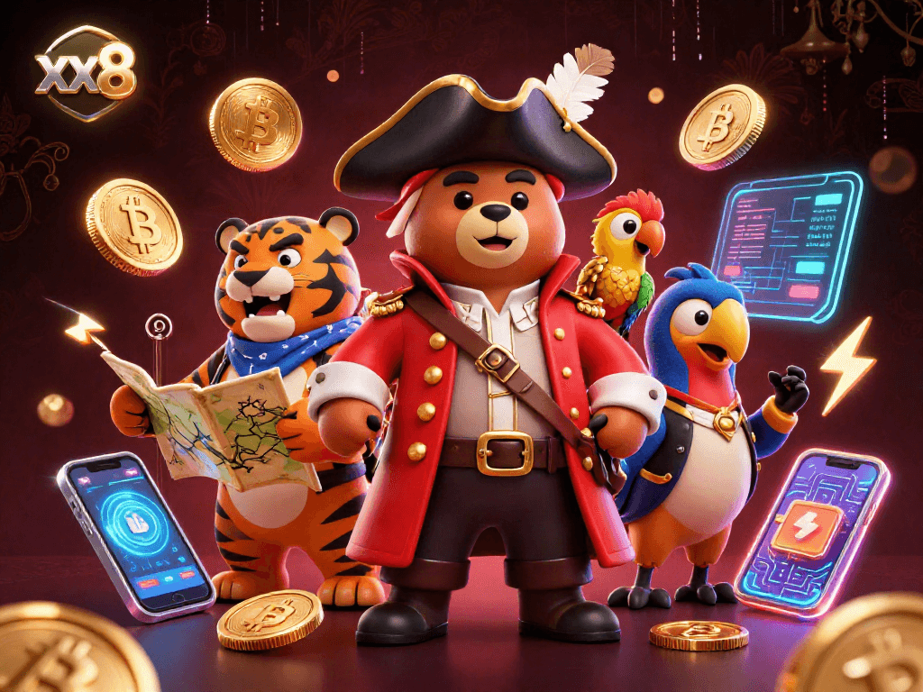 Engage with xx8's vibrant cartoon pirate scene showcasing crypto elements and dynamic casino action.