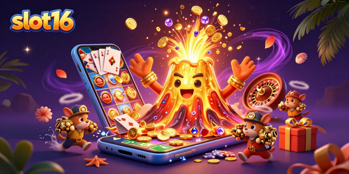 Experience the thrill of slot16 with golden coins erupting from a volcano, exciting gameplay, and treasure creatures.