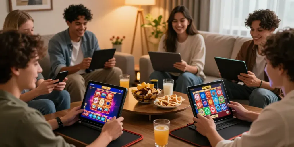 Engaging KING999 players enjoying modern slot games in a cozy room.
