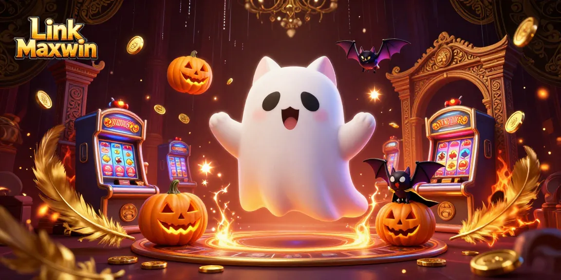Explore thrilling wins with Link Maxwin, featuring a friendly ghost cat and vampire bat in a vibrant casino!